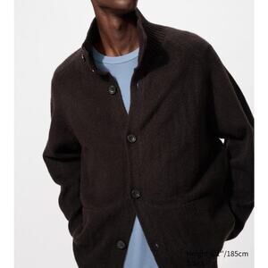 Uniqlo Souffle Yarn Stand Collar Cardigan in Dark Brown